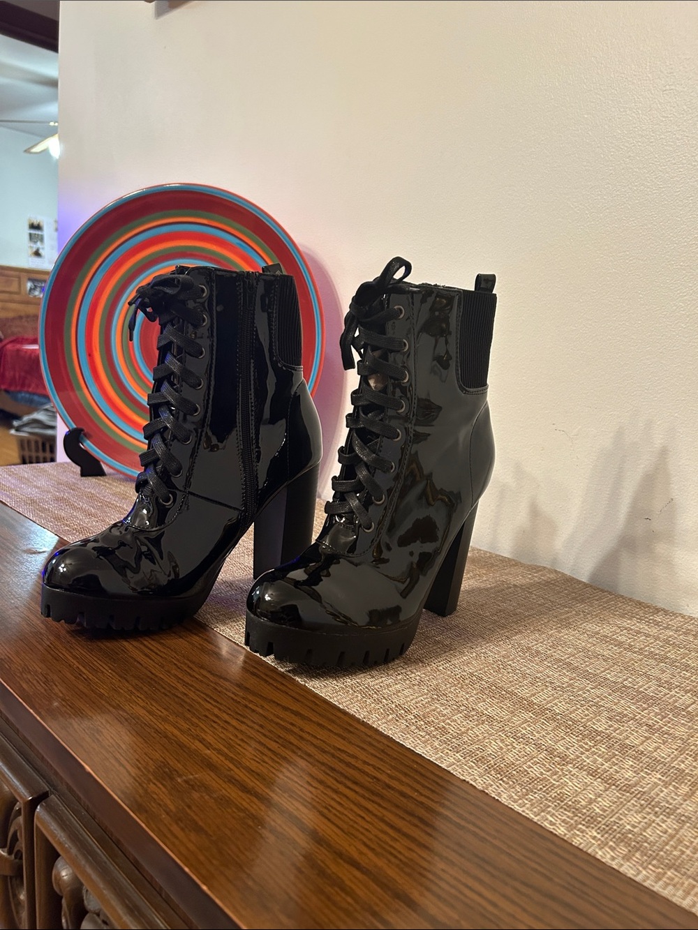Lace-Up Patent Platform Ankle Boots in Black